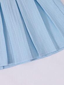 SHEIN 2件套 女童Y2K甜美可爱蝴蝶结圆领短袖露脐白色针织T恤+蓝色纹理迷你百褶裙套装 - 彩色 - 查看 8