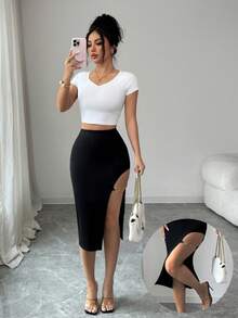Elenzga Váy cạp cao xẻ đùi - màu đen - Xem 3