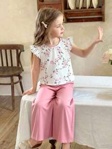 Elladie kids 2件組少女韓系夏季家庭套裝，粉色花卉印花荷葉袖鈕扣上衣與素色休閒長褲，優雅簡約風 - 粉色 - 查看 6