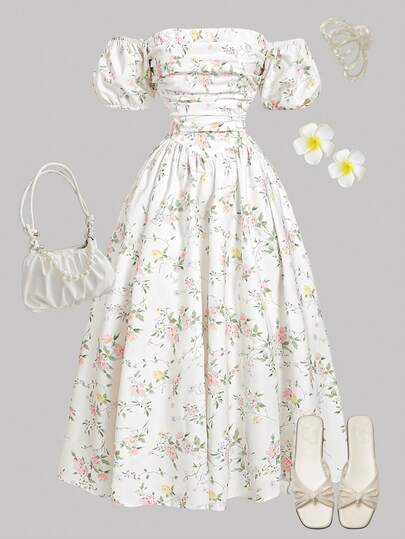 SHEIN 少女碎花睡袍，粉色碎花图案立领长裙，度假旅行，春夏款