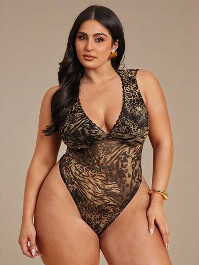 SHEIN BAE 大码女式豹纹蕾丝拼接深V领无袖连体衣