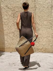 SHEIN Frenchy Women's Striped Print Camisole And Pants Casual 2 Pieces Set - Brown - View 2