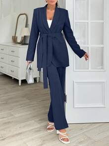 EURMUSE Grey Long Jacket And Straight Pant Two Pieces - Navy Blue - View 4