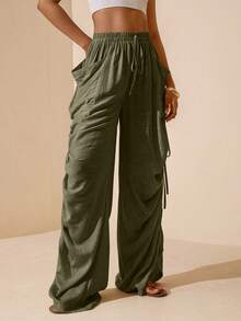 Vesra 女士纯色侧边褶皱抽绳口袋裤 - 橄欖綠 - 查看 4