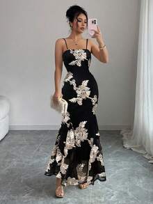 Rafferiza 女士优雅吊带提花针织修身鱼尾连衣裙，畅销晚礼服，女士正装派对礼服，优雅 - 黑色 - 查看 7