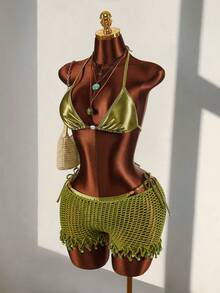 Amplova 女士泳衣套装，偏光闪亮三角系带串珠泳衣，可爱复古Y2K迷你套装，适合海滩度假 - 綠色 - 查看 10