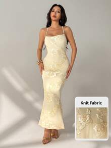 SHEIN PETITE 纯黄色提花露背系带修身连衣裙，优雅早午餐礼服，婚礼宾客着装，鸡尾酒礼服，高贵连衣裙，黄色连衣裙，假日海滩装扮 - 淡黃色 - 查看 6