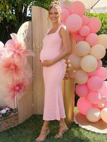 Loomaby Elegant Solid Color Textured Maternity Mermaid Dress,Gender Reveal Dress,Baby Shower Dress,Maternity Dress - Pink - View 6