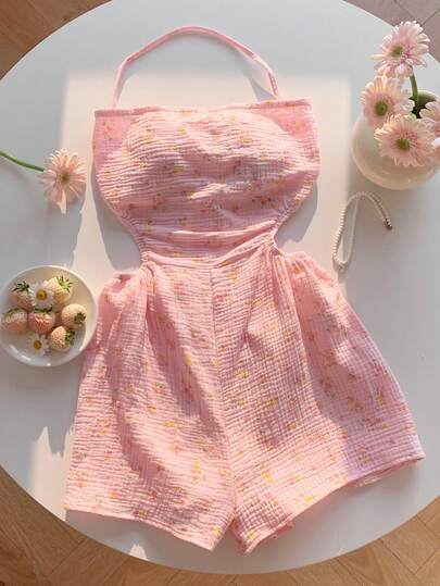 Comfortcana 夏季休闲绿色格子雏菊印花露背连体裤