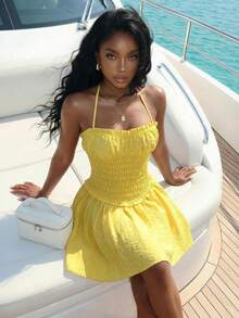 Slaydiva Spring/Summer New Elegant Casual Cute Sweet Vacation Beach Play Date Halter Neck Elastic A-Line Short Dress - A - Yellow - View 4