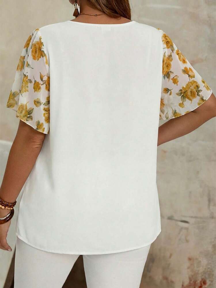 Plus Size Women's Summer Floral Print V-Neck Ruffle Short Sleeve Loose Mom Shirts
