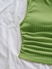 Soleia 度假风性感不对称肩带系带飘逸修身浅黄色上衣，适合派对、度假、音乐节、波西米亚风、假日约会、下午茶等场合。 - 綠色 - 查看 7