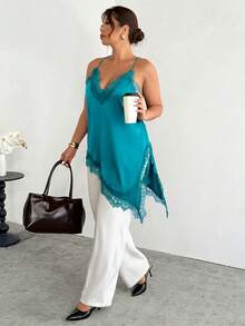 Firerie Top sexy de talla grande con unicolor y patchwork de encaje - Agua verde azul - Ver 7