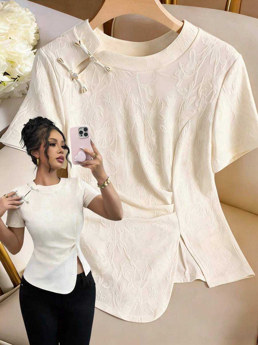 GlowEve Apricot Sheer Jacquard Mandarin Collar Chinese Style Blouse For Women - Apricot - View 1