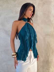 Aloruh Áo tank top ôm dáng cổ đứng nhiều lớp, viền bèo nhún, thanh lịch dành cho nữ - Màu xanh lá cây đậm - Xem 4