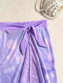 Young Women One-Piece Swimsuit, Teenage Girls Two Pieces Swimwear With Bow Tie, Digital Print Skirt, Beach Party Holiday Swimming Suit - Purple - View 5