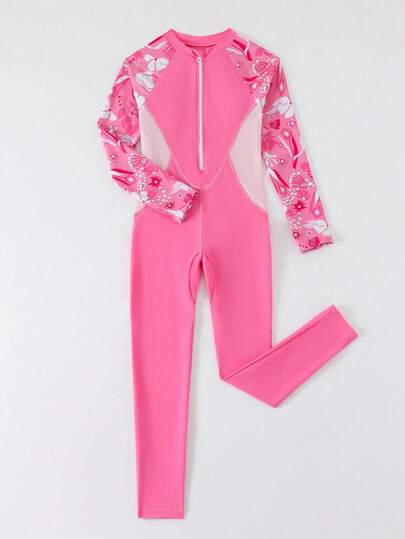 SHEIN Girls' Tropical Floral Print Front Zipper Raglan Sleeve Jumpsuit Swimsuit, Surfing Swimwear, Sports Swimwear Suitable For Summer, Seaside, Beach, Pool, Vacation