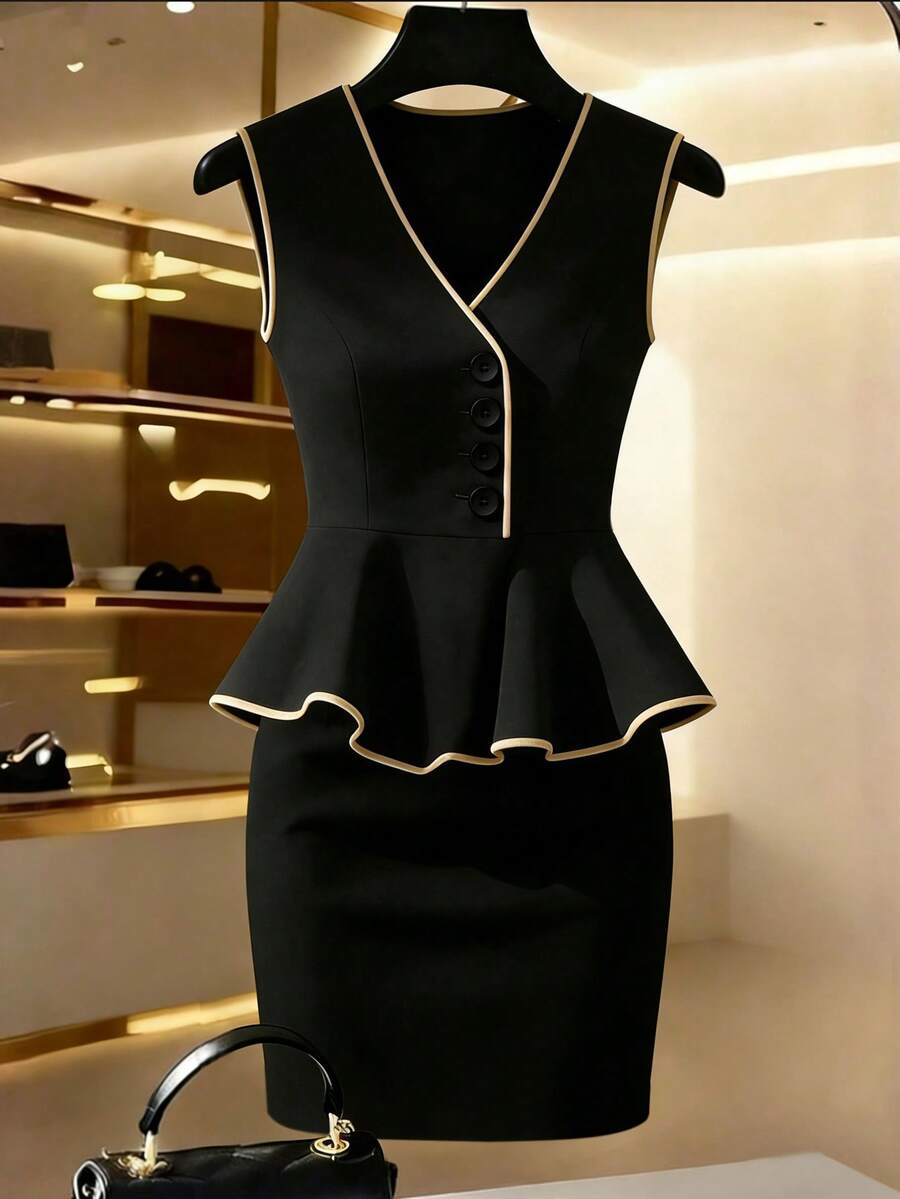 Franclia Bộ đồ nữ mới gồm áo cổ chữ V không tay, cài cúc bất đối xứng, viền bèo nhún và chân váy ngắn ôm sát. - màu đen - Xem 1
