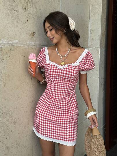 Pariaura Red & White Plaid Lace Square Collar Mini Dress, Retro Square Collar Sweet Bodycon Dress, Summer Holiday Outfit, Women Summer Dress Pin Up Outfit Pin Up Style Dress Women's Summer Outfits Summer Outfits For Women Gigham Dress