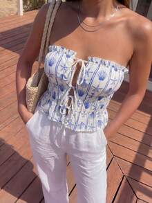 Sunnyshic Áo croptop không dây vai, hở trước, buộc dây sau, xếp ly ở gấu áo, chất liệu vải lanh, in họa tiết sọc sao biển và vỏ sò màu xanh dương, thích hợp cho nữ mùa xuân/hè, đi nghỉ mát, đi biển, phong cách boho, thanh lịch, ngọt ngào, dễ thương, tối giản, retro, thường ngày, hẹn hò, đa năng. - Màu xanh lam - Xem 4