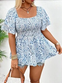SHEIN Holidaya 大码女式夏季碎花休闲荷叶袖方领衬衫 - 彩色 - 查看 6