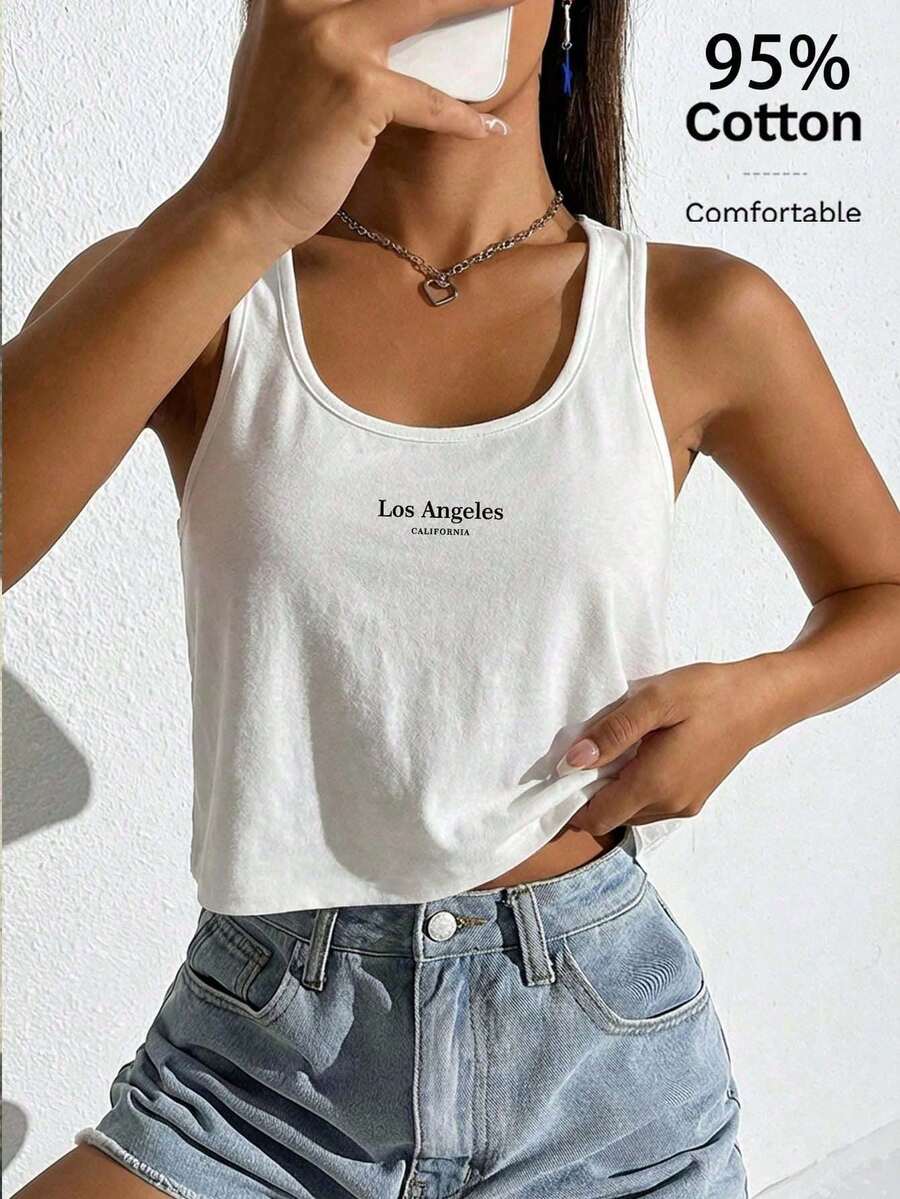 SHEIN EZwear 女款休閒寬鬆圓領短版背心上衣,95%棉,舒適休閒穿搭,女款休閒風,夏季女裝上衣 - 白色 - 查看 1
