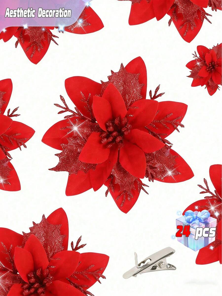 24 Artificial Flower Heads Sparkling Flowers Suitable For Home, Wedding, Party, Flower Garland DIY Holiday Decoration - Small Clover-red+Red 04 - View 1