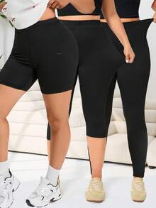 SHEIN EZwear 3件套加大码女式纯色休闲百搭日常穿着打底裤 - 黑色 - 查看 15