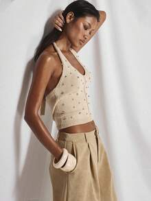MUSERA V Plunge Crystal Embellished Knit Halterneck Top Cute Summer Spring Going Out Occasion Embellished - Cream - View 4