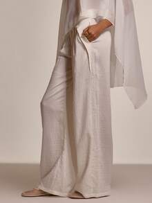 MUSERA Foldover Buckle Front Detail Low Waisted Pleated Wide Leg Trousers Cute Summer Spring Sexy Going Out Beach Holiday Vacation Honey Tides - White - View 3