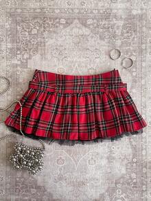 Attitoon 女士休闲复古低腰红色格子迷你裙，适合Y2K风格 - 彩色 - 查看 2