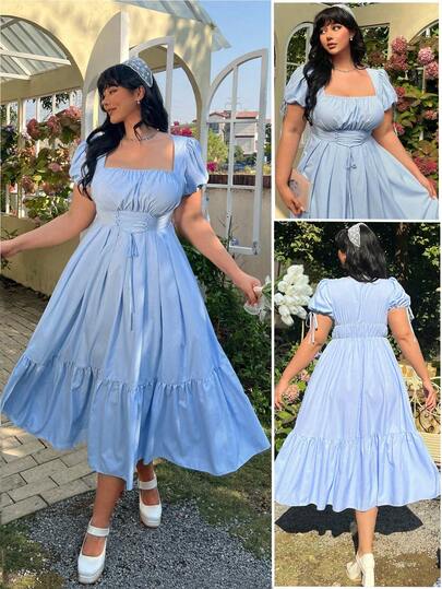 Lyrianda Modest Plus Size Summer Casual Plaid Puff Sleeve Tie Waist Midi Dress