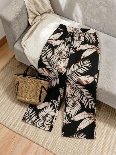 SHEIN Frenchy Plus Size Women Tropical Plant Print Drawstring Waist Casual Wide Leg Pants
