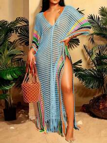 BamGleam Đầm maxi dệt kim xuyên thấu cổ yếm dành cho nữ - Màu xanh nhạt - Xem 1