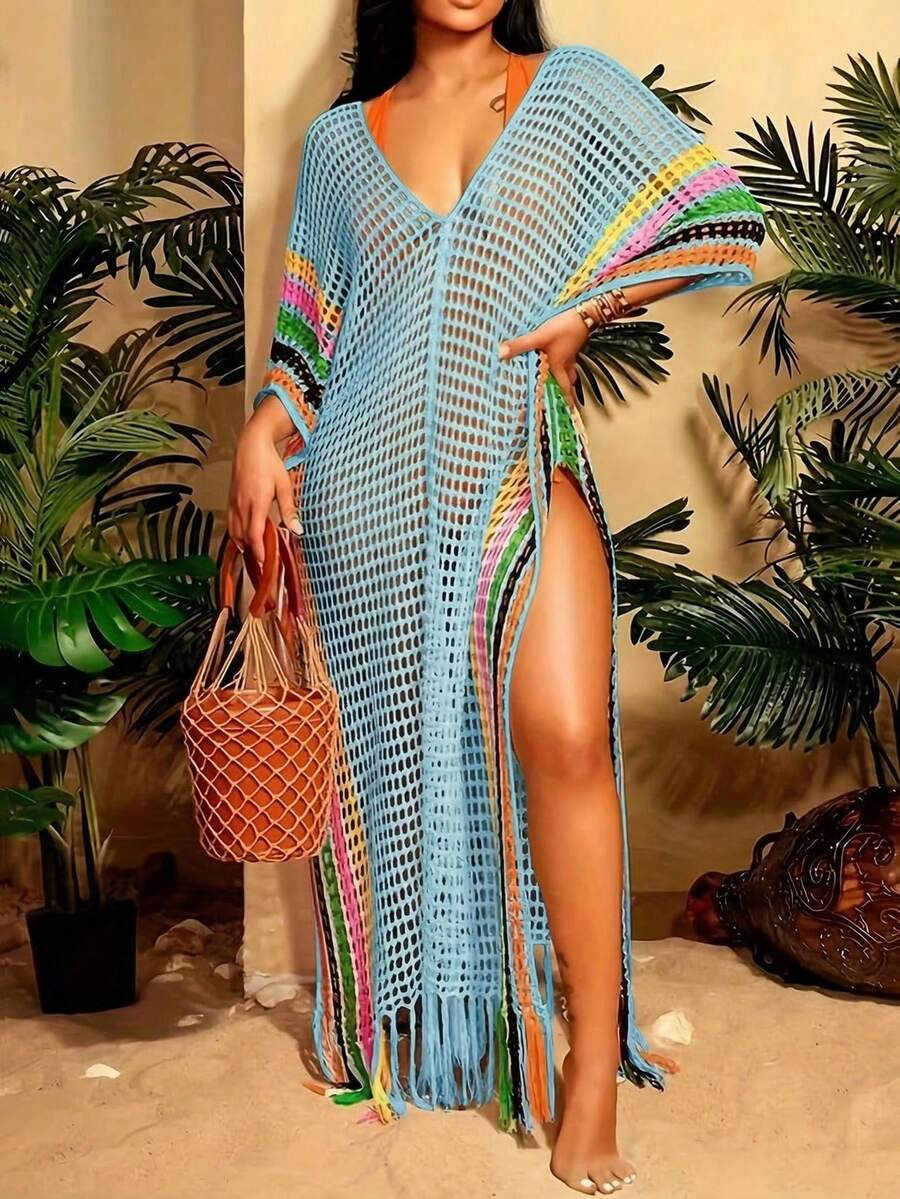 BamGleam Đầm maxi dệt kim xuyên thấu cổ yếm dành cho nữ - Màu xanh nhạt - Xem 1