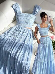 Elenzga 春夏蓝色针织纹理抹胸上衣，喇叭袖，搭配层叠A字裙套装，优雅法式度假风女装 - 淺藍色 - 查看 6