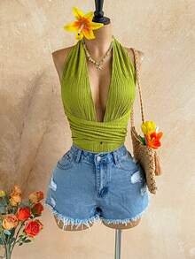 Soleia 女士休闲度假复古绿色扭结露背深V领连体衣，适合春夏季海滩、邮轮、城市旅行、约会、下午茶等场合 - 綠色 - 查看 10