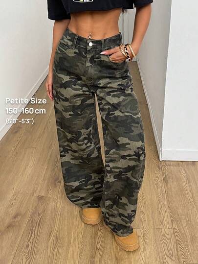 SHEIN PETITE Women's Camouflage Pattern Elastic Waistband Jeans Winter Jeans Party Outfit Streetwear Jeans