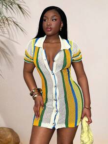 Slaydiva 秋冬新款女装：休闲度假日常约会翻领开襟衬衫裙，黄蓝白条纹；针织/钩编迷你裙；女士毛衣连衣裙，大码针织连衣裙 - 黃色 - 查看 3