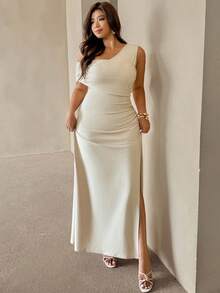 Auralis Nuevo vestido de verano sin mangas con hombro asimétrico, fruncido, hombro inclinado, abertura alta en color albaricoque para temporada de bodas / Vestido elegante moderno de talla grande para uso diario / Vestido de oficina - Albaricoque - Ver 4