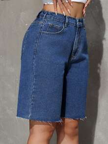 SHEIN Tall Falda vaquera de cintura alta casual de verano para mujer, de longitud hasta la rodilla, con dobladillo deshilachado y bolsillos, en color azul oscuro, perfecta para looks de calle y vacaciones - Azul lavado medio - Ver 9