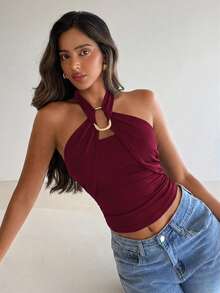 Aloruh Women's Elegant Metal Buckle Decor Cinched Waist Ruched Tie-Neck Camisole - Burgundy - View 2