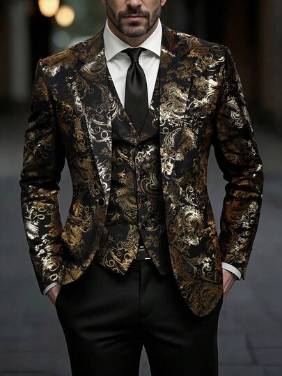 Manfinity Mode Men's Fashionable & Stylish Floral Embossed Suit Jacket, Essential For Daily Wear And Parties