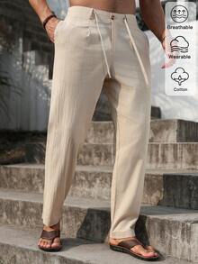 VENTUSAIL 男士纯色抽绳腰长裤，锥形修身亚麻长裤，清爽简约，适合外出和秋季穿着。 - 杏色 - 查看 6