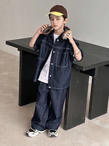 DAZY 青少年男童单排扣短袖上衣和长裤休闲牛仔套装 - 藍色 - 查看 6