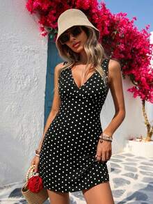 Vivid Eden Damen Kontrast Polka Dot Muster V-Ausschnitt ärmelloses Mini-Kleid, Damen Urlaubskleid, Schwarzes Polka Dot Kleid, Polka Dot Kleid, Schwarz-Weißes Polka Dot Kleid, Schwarzes Kleid für Damen - Schwarz - Übersicht 2