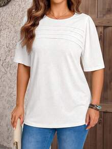 EMERY ROSE Plus Size Women's Solid Color Round Neck Casual Versatile Daily Short Sleeve T-Shirt - White - View 1