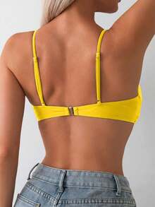 Swim Basics 女士纯色扭结前开襟比基尼上衣，适合海滩度假 - 黃色 - 查看 3