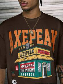 AXEPEAK 男士圆领字母印花休闲百搭日常短袖T恤 - 棕色 - 查看 4