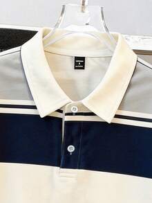 Manfinity Joysei Camisa polo de hombre casual minimalista a rayas azules y blancas, adecuada para primavera/verano, actividades al aire libre, escuela - Azul - Ver 4